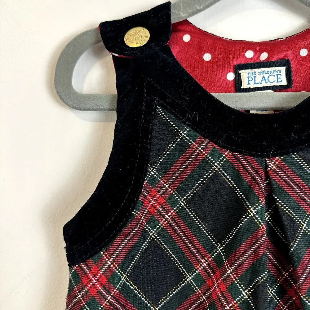 Children's Place Tartan Plaid Dress Pinafore Velvet Girl 3T Black Red Christmas